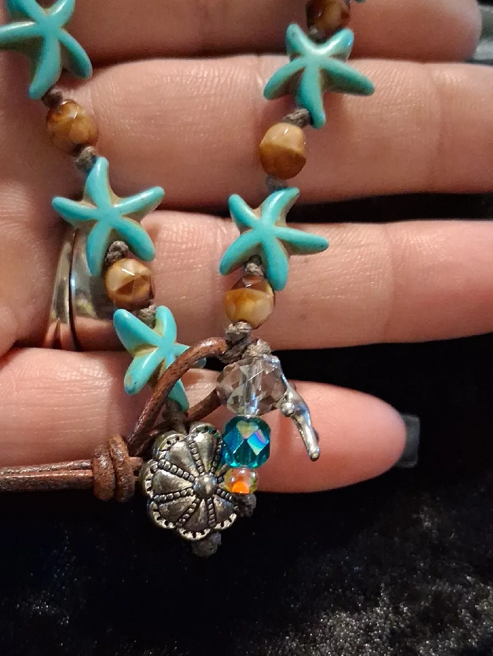 Turquoise Starfish Bead Anklet Bracelet with Brown Accent Stones - 10 To 12 In L